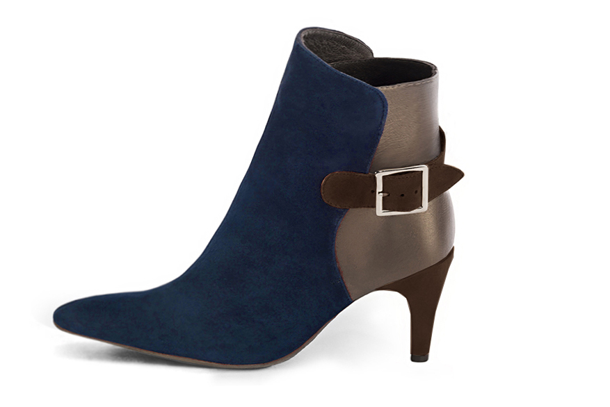 Navy blue, bronze gold and dark brown women's ankle boots with buckles at the back. Tapered toe. High slim heel. Profile view - Florence KOOIJMAN
